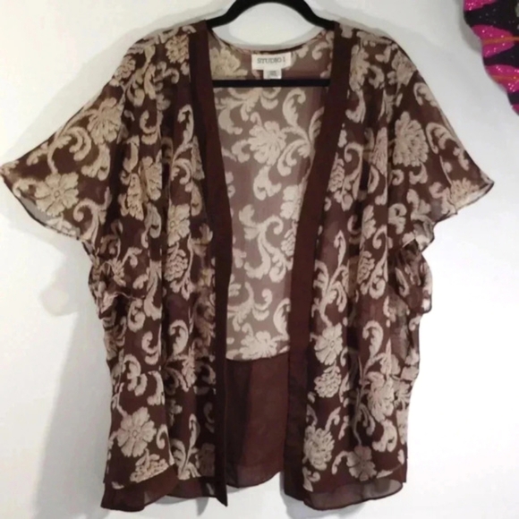 Studio I Sheer Ruffle Open Front Cardigan Kimono Jacket Brown Beige Floral 28W - Picture 1 of 15
